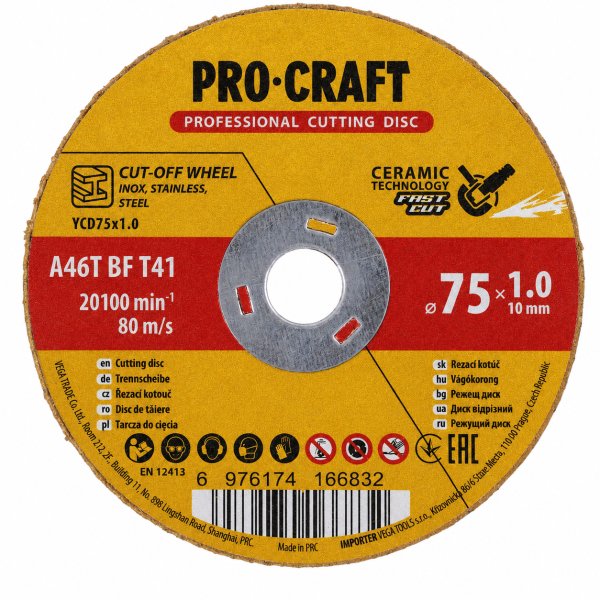 PROCRAFT YCD75x1,0 keramický řezný rozbrušovací kotouč 75x10x1mm na ocel, nerez