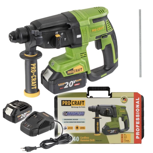 PROCRAFT PHA40-2B-C bezuhlíkové kombinované aku kladivo SDS+ LiIon 20V/4,0Ah