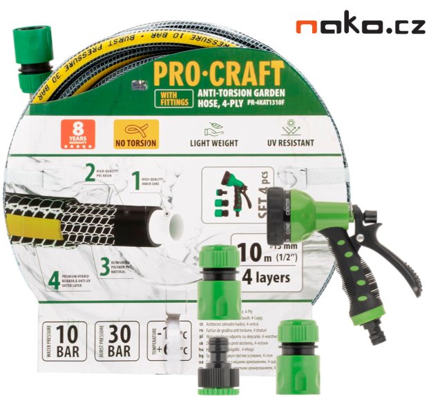 PROCRAFT PR-4KAT1310F zahradní hadice 1/2" 10m černo-žlutá s koncovkami a postřikovačem