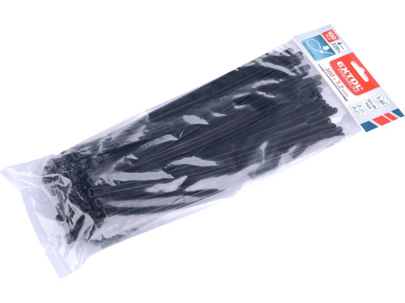 EXTOL PREMIUM 8856258 pásky stahovací černé, rozpojitelné, 300x7,2mm, 100ks, nylon