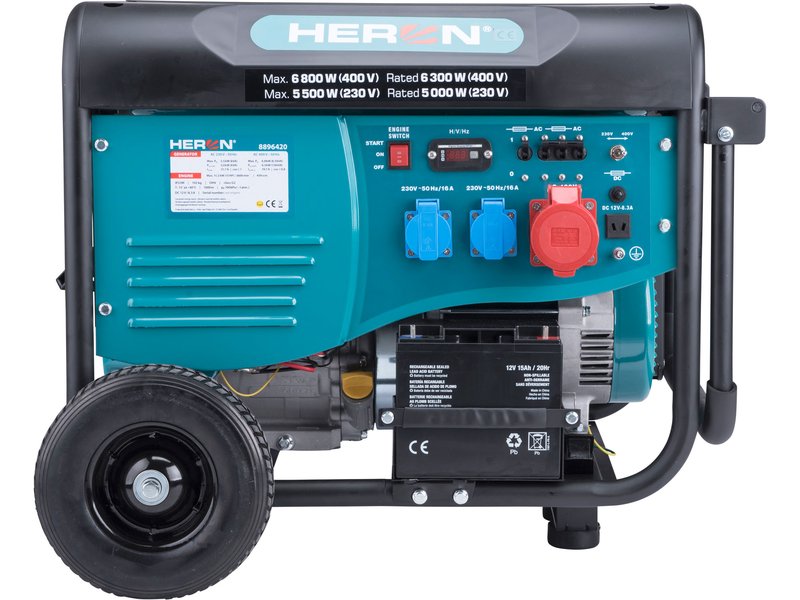 HERON 8896420 benzínová třífázová elektrocentrála 6,8kW se startérem a podvozkem Obrázek