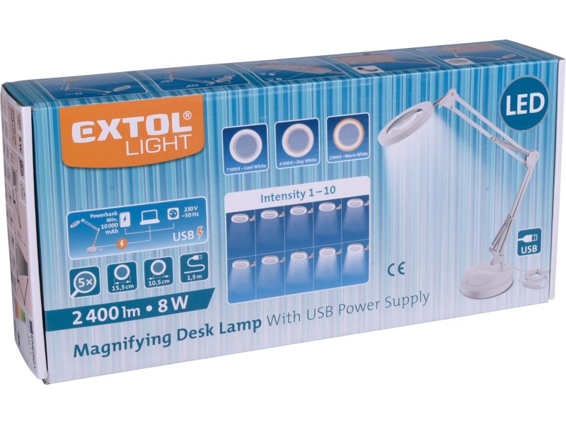 EXTOL LIGHT 43161 stolní lampa s lupou, 1300lm, 5x zvětšení, USB, bílá