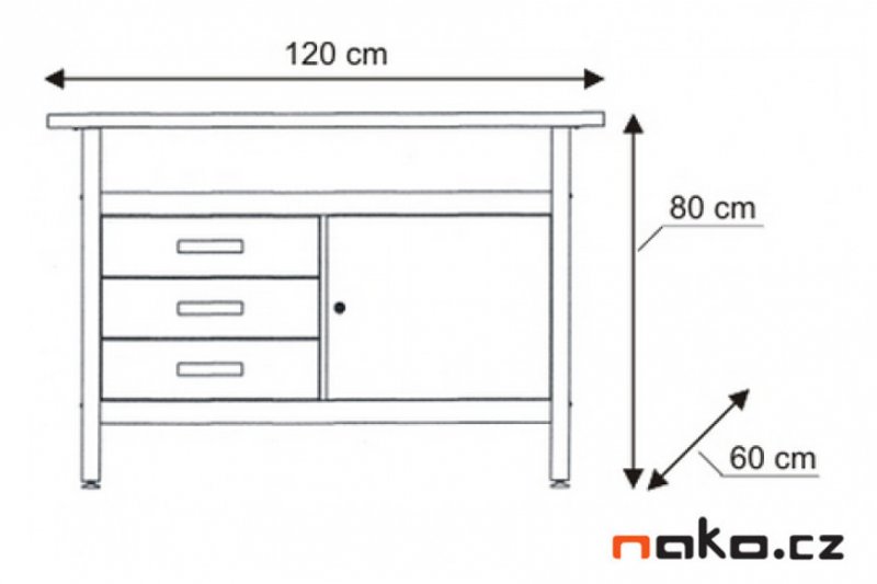 MARS 4804 pracovní dílenský stůl 3x zásuvka, 1x dvířka, polička Obrázek