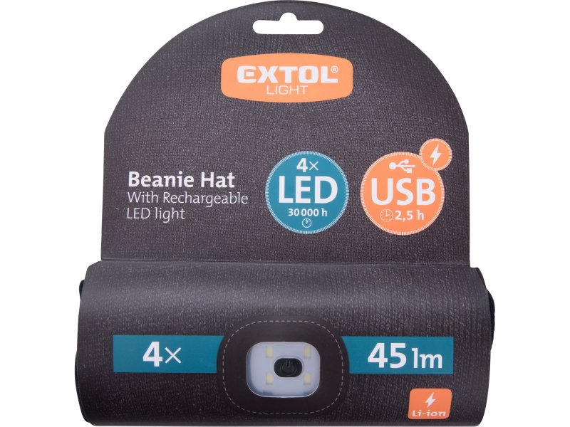 EXTOL LIGHT 43199 čepice s čelovkou 45lm nabíjecí USB univerzální velikost ČERNÁ