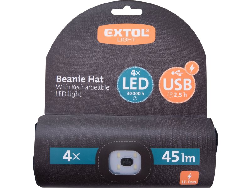 EXTOL LIGHT 43199 čepice s čelovkou 45lm nabíjecí USB univerzální velikost ČERNÁ Obrázek