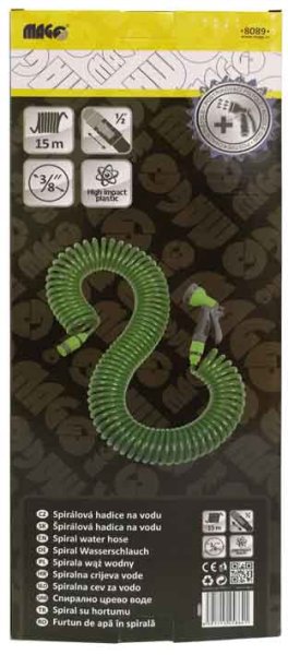 MAGG 8089 spirálová hadice na vodu 15m s rozprašovací pistolí a spojkami Obrázek