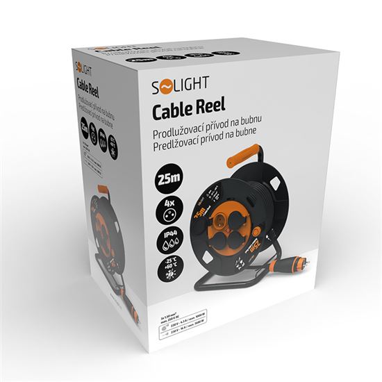 SOLIGHT PB33 prodlužovací přívod na bubnu, 4 zásuvky, venkovní, 25m gumový kabel, 3x 1,5mm2, IP44 Obrázek