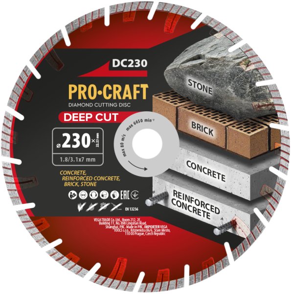 PROCRAFT DC230 diamantový řezný kotouč Deep Cut segmentový na železobeton, kámen, cihly