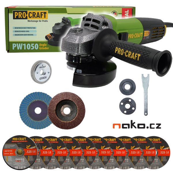PROCRAFT SPW1050/RM14 úhlová bruska 125mm + matice RM14, 10x řezný a 2x lamelový kotouč