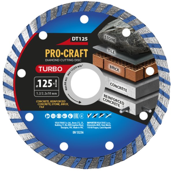 PROCRAFT DT125 diamantový řezný kotouč Turbo na železobeton, kámen, cihly, dlažbu