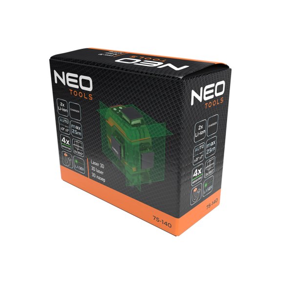 NEO TOOLS 75-140 křížový samonivelační 3D laser 3x 360° 20m se zeleným paprskem, LiIon Obrázek