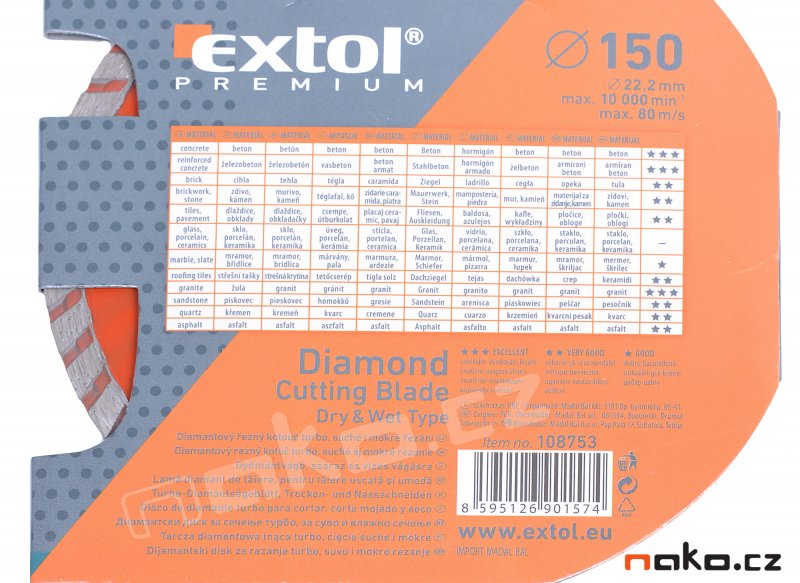 EXTOL PREMIUM kotouč diamantový řezný TURBO pr. 150 suché i mokré řezání 108753