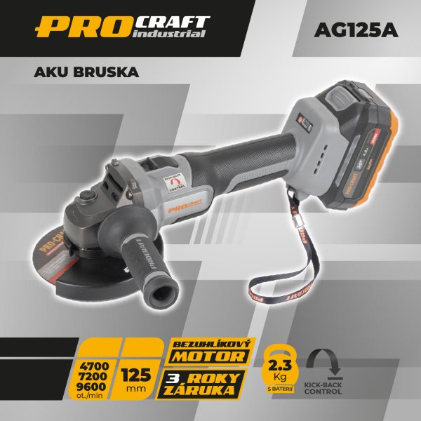PROCRAFT Industrial AG125A-1B-F bezuhlíková aku úhlová bruska 125mm v tašce LiIon 20V 4Ah Obrázek