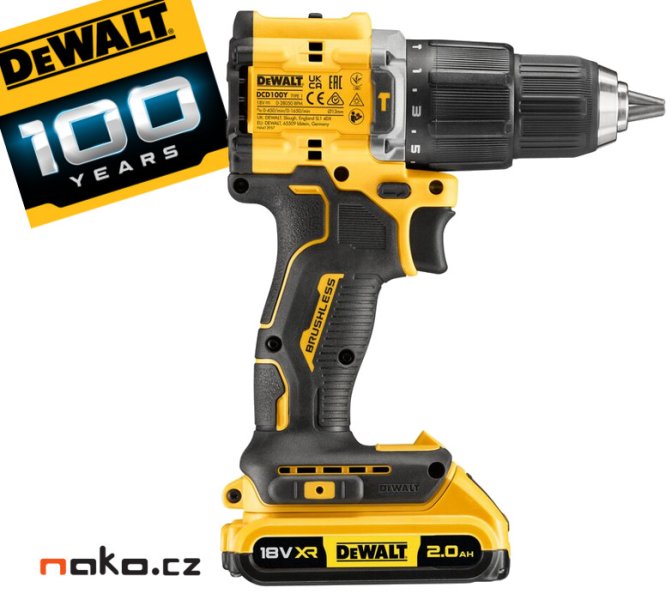 DeWALT DCD100YD2T XR Li-Ion 18V (2x2Ah) aku příklepový šroubovák k výročí 100 let Obrázek