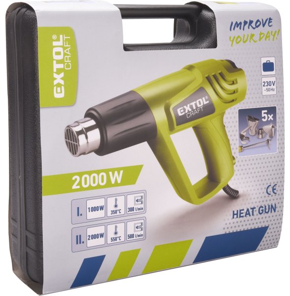 EXTOL CRAFT 411023 horkovzdušná opalovací pistole v kufru, 2000/1000W, 550/350 °C Obrázek