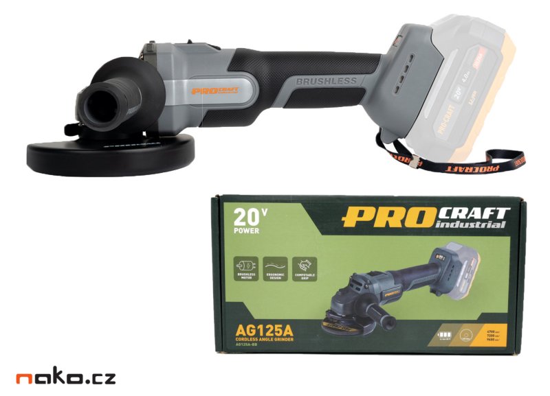 PROCRAFT Industrial AG125ABB bezuhlíková aku úhlová bruska 125mm LiIon 20Vbez aku Obrázek