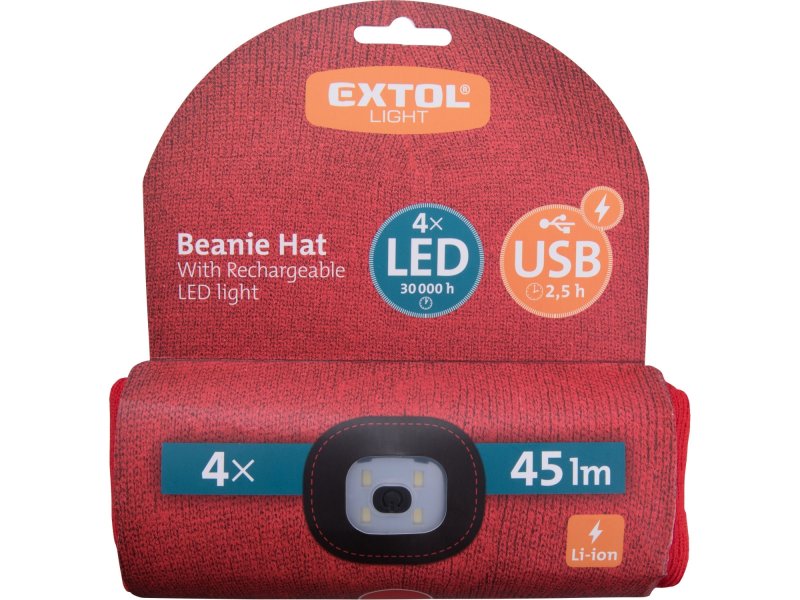 EXTOL LIGHT 43198 čepice s čelovkou 45lm nabíjecí USB univerzální velikost ČERVENÁ