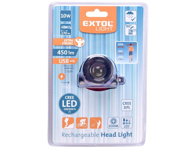 EXTOL LIGHT 43190 čelovka nabíjecí 450lm 10W CREE XPL LED, USB, ZOOM