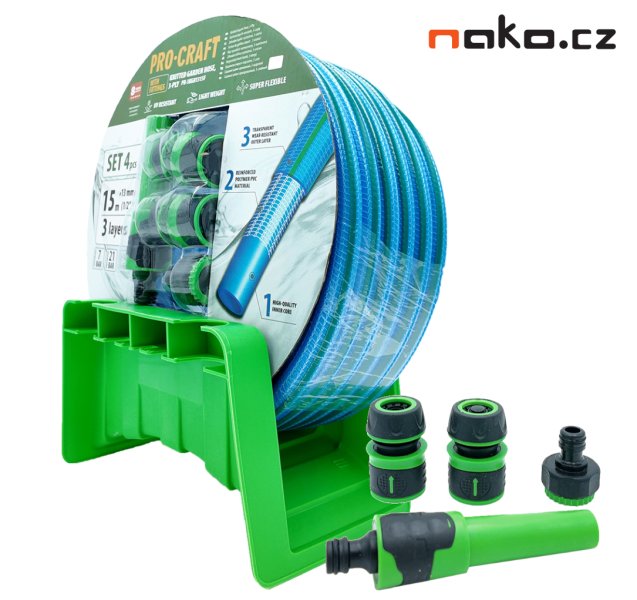 PROCRAFT PR-3KGH1315F zahradní hadice 1/2" 15m modrá + koncovky, postřikovač, držák