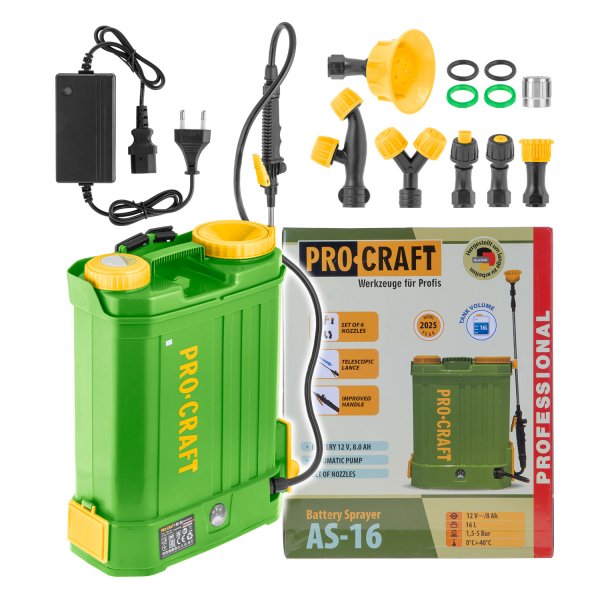 PROCRAFT AS-16 aku zádový zahradní postřikovač LiIon 12V 8Ah 16 lit.