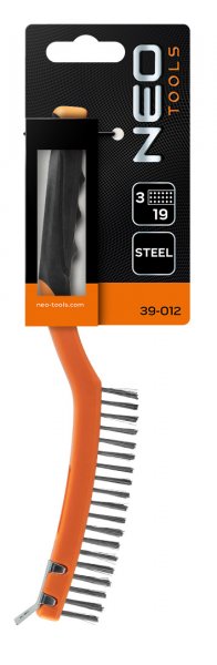 NEO TOOLS 39-012 ruční drátěný kartáč ocelový 3x19 řad se škrabkou a biplastovou rukojetí