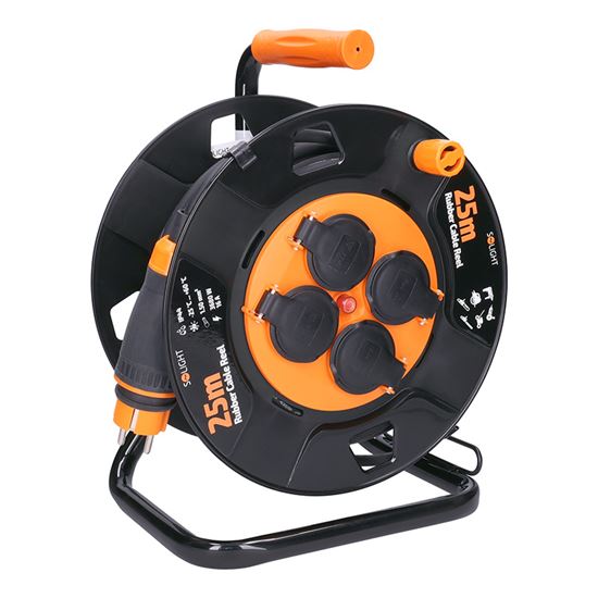 SOLIGHT PB33 prodlužovací přívod na bubnu, 4 zásuvky, venkovní, 25m gumový kabel, 3x 1,5mm2, IP44 Obrázek