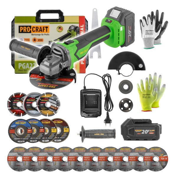 PROCRAFT PGA22-1B-C bezuhlíková aku úhlová bruska 125mm LiIon 20V 4Ah /akční SET