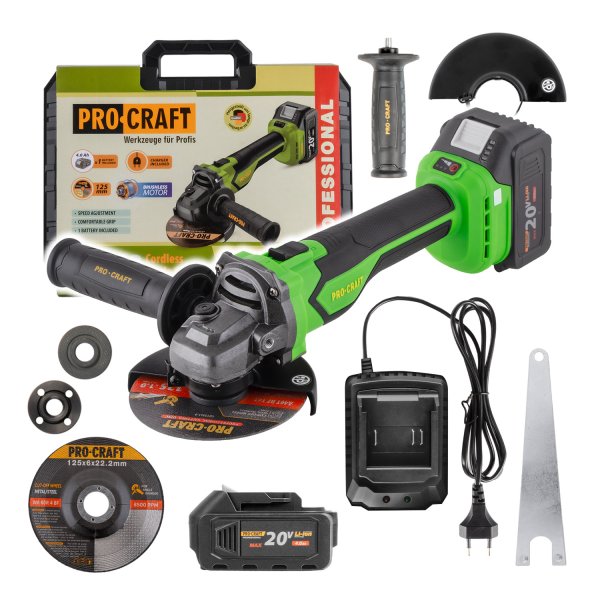 PROCRAFT PGA22-1B-C bezuhlíková aku úhlová bruska 125mm LiIon 20V 4Ah