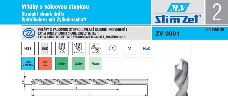 STIMZET vrták s válcovou stopkou  8.0x240/165 zvlášť dlouhý - HSS, DIN 1869 RN, ZV 3001 Obrázek