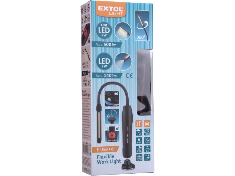 EXTOL LIGHT 43146 světlo pracovní ohebné, USB nabíjení, 500lm COB+140lm LED Obrázek
