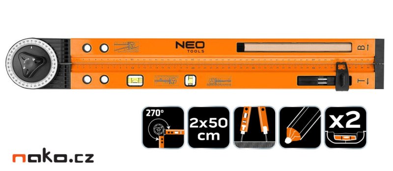 TOPEX NEO TOOLS 72-225 multifunkční úhloměr stavitelný 500mm s tužkou, 2 libely Obrázek