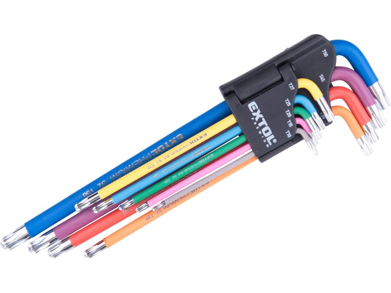 EXTOL PREMIUM 8819416 L-klíče TORX sada prodloužené barevné 9ks s kuličkou T10-50mm S2