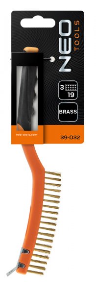 NEO TOOLS 39-032 ruční drátěný kartáč mosazný 3x19 řad se škrabkou a biplastovou rukojetí Obrázek