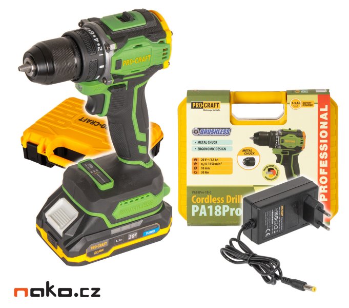 PROCRAFT PA18Pro aku vrtačka bezuhlíková 20V 1x 1,5Ah LiIon PA18Pro-1B-C Obrázek