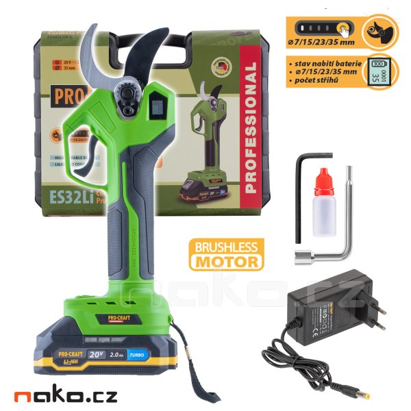 PROCRAFT ES32Li zahradní aku nůžky na větve bezuhlíkové LiIon 20V 2Ah Obrázek