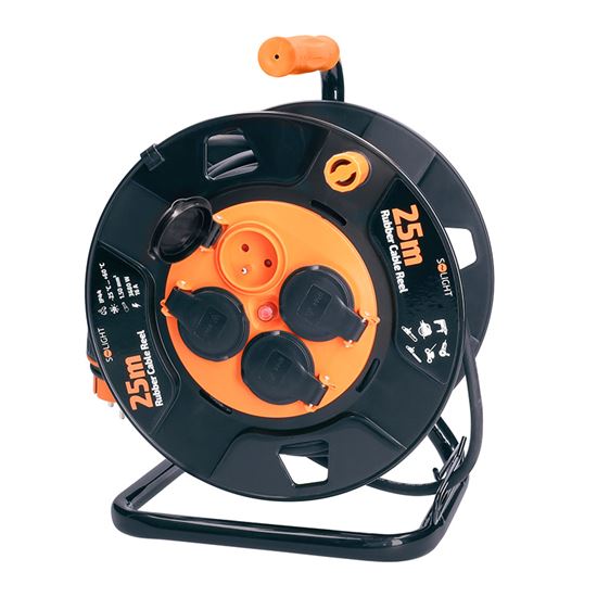 SOLIGHT PB33 prodlužovací přívod na bubnu, 4 zásuvky, venkovní, 25m gumový kabel, 3x 1,5mm2, IP44 Obrázek