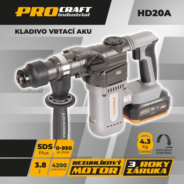PROCRAFT Industrial HD20A bezuhlíkové kombinované aku kladivo SDS+ LiIon 20V 1x 4Ah Obrázek