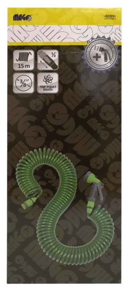 MAGG 8089 spirálová hadice na vodu 15m s rozprašovací pistolí a spojkami Obrázek