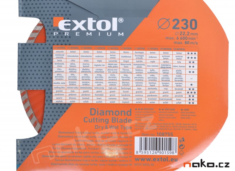EXTOL PREMIUM kotouč diamantový řezný TURBO pr. 230 suché i mokré řezání 108755