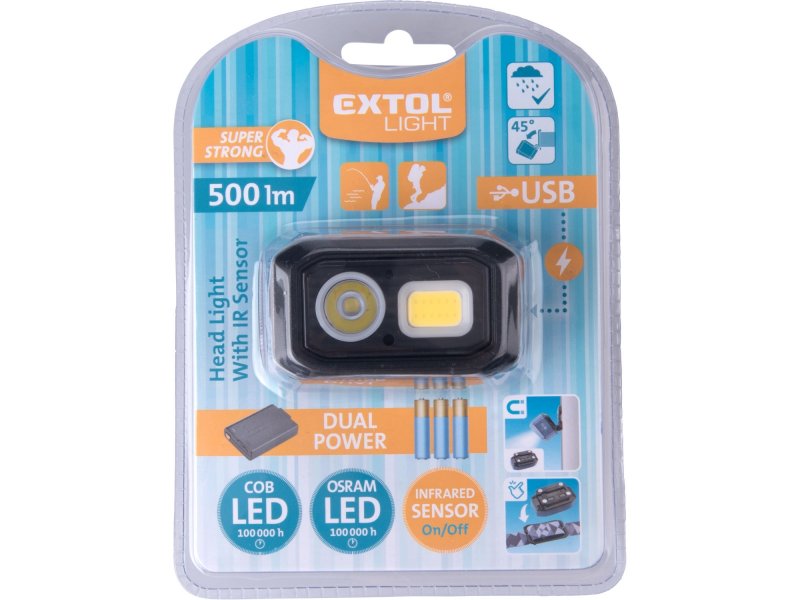 EXTOL LIGHT 43185 čelovka 500lm, Dual Power LiIon / AAA, USB, IR čidlo, OSRAM LED+COB LED