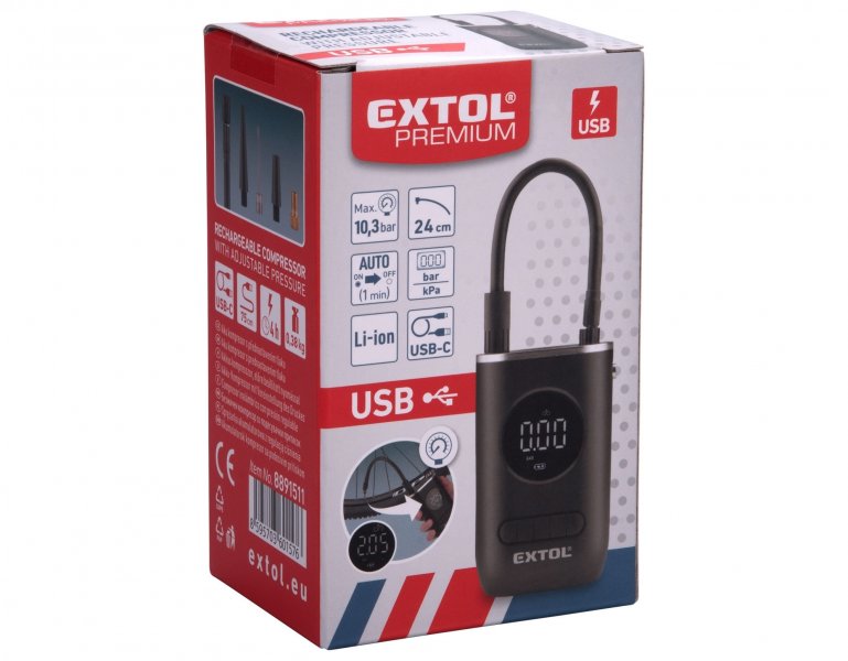 EXTOL PREMIUM 8891511 cestovní aku kompresor 10,8 bar USB nabíjení